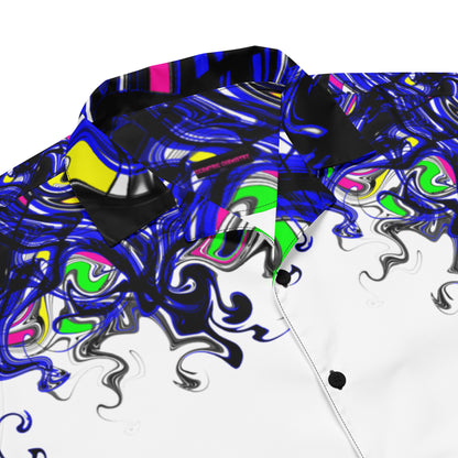 White unisex button-up shirt featuring colorful chromatic splatter mutation pattern from Eccentric Chemistry's Tiny Shop of T-Shirt Horrors.