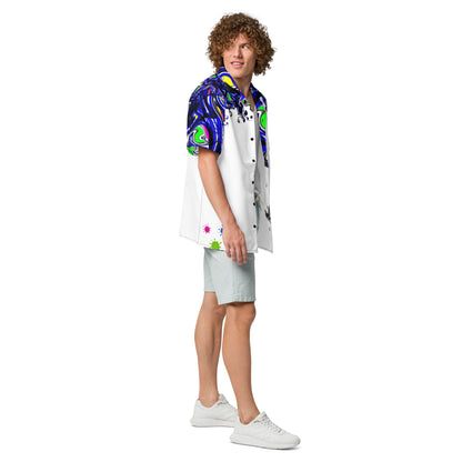 Unisex white button shirt featuring vibrant chromatic splatter mutation print by Eccentric Chemistry's Tiny Shop of T-Shirt Horrors.