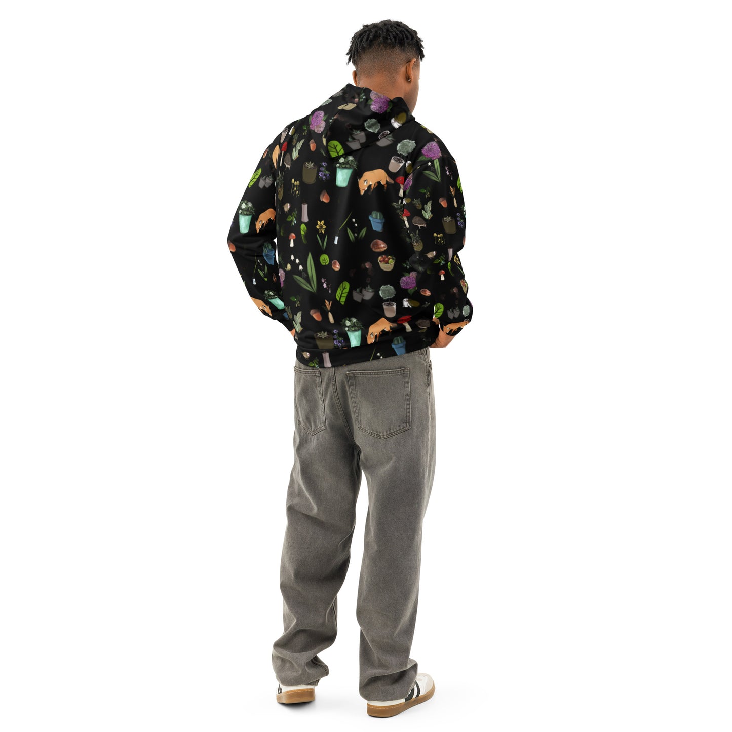 Unisex cotton hoodie with botanical twilight wander print on white background, featuring all-over nature-inspired design.