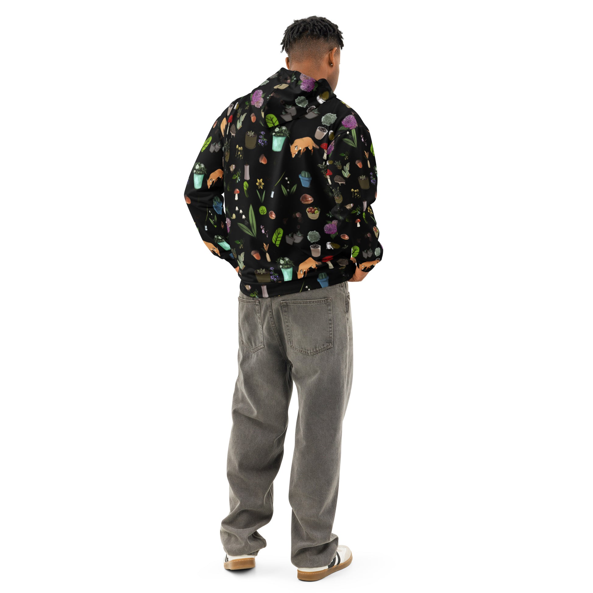 Unisex cotton hoodie with botanical twilight wander print on white background, featuring all-over nature-inspired design.
