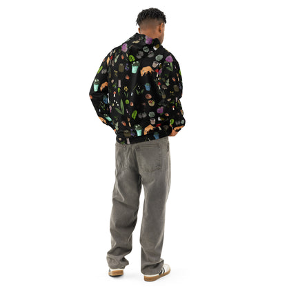Unisex cotton hoodie with botanical twilight wander print on white background, featuring all-over nature-inspired design.
