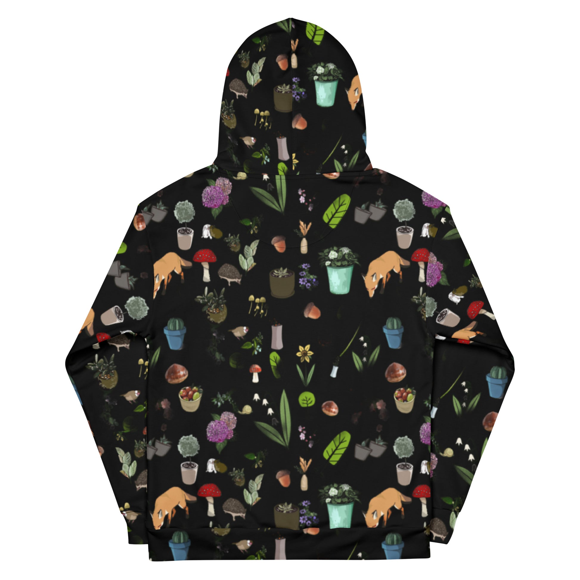 Unisex cotton hoodie with botanical twilight wander print on white background, featuring vibrant nature-inspired design.