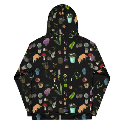 Unisex cotton hoodie with botanical twilight wander print on white background, featuring vibrant nature-inspired design.