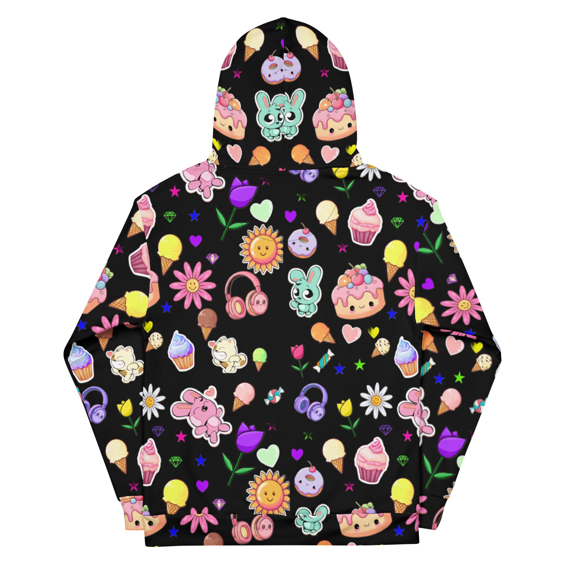 Unisex cotton hoodie with all-over print in white featuring Fluff & Frosting Field design by Eccentric Chemistry's Tiny Shop of T-Shirt Horrors.