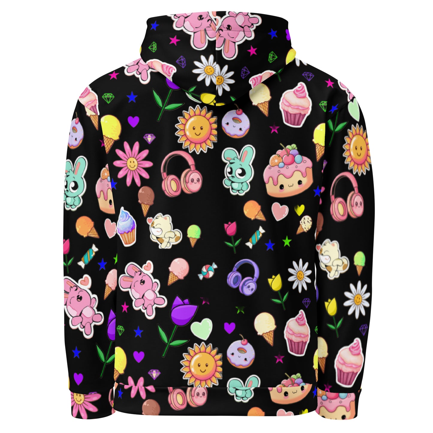 All-over print white unisex cotton hoodie featuring Fluff & Frosting Field design by Eccentric Chemistry's Tiny Shop of T-Shirt Horrors.