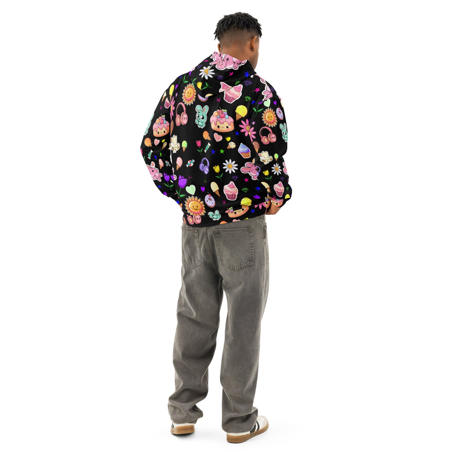 Unisex white cotton hoodie with all-over print design from Eccentric Chemistry's Tiny Shop of T-Shirt Horrors, showing the back view.