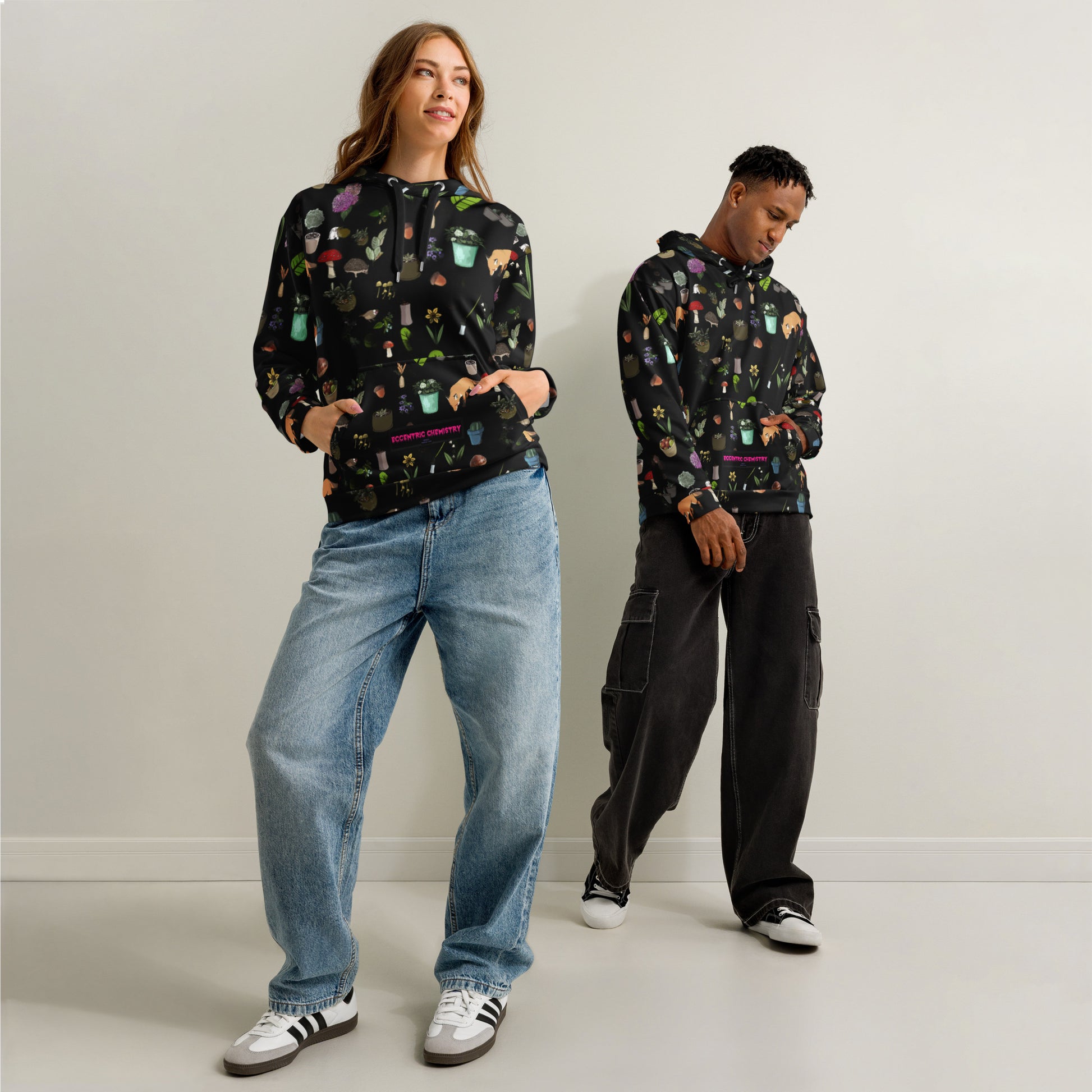 Unisex cotton hoodie with botanical twilight print from Eccentric Chemistry's Tiny Shop of T-Shirt Horrors, featuring a white all-over design.