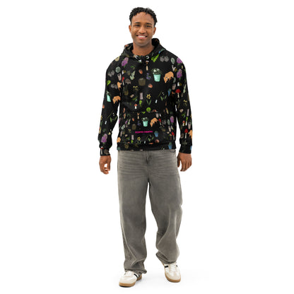 Unisex cotton hoodie with botanical twilight print, white background, front view, from Eccentric Chemistry's Tiny Shop of T-Shirt Horrors.