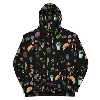 Unisex cotton hoodie with botanical twilight print from Eccentric Chemistry, featuring an all-over white design on the front.