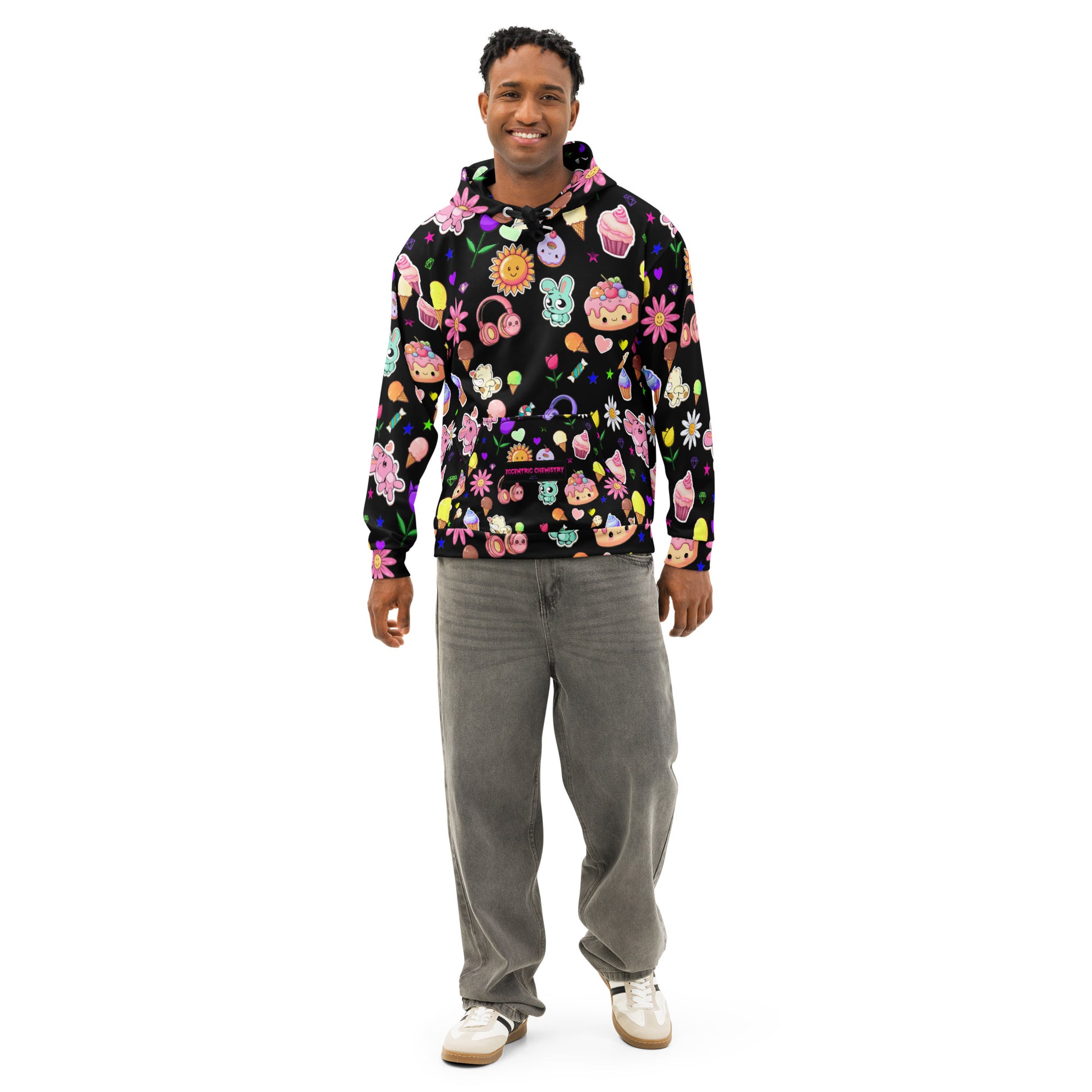 Unisex cotton hoodie with all-over print featuring Fluff & Frosting design, white front view from Eccentric Chemistry's Tiny Shop.