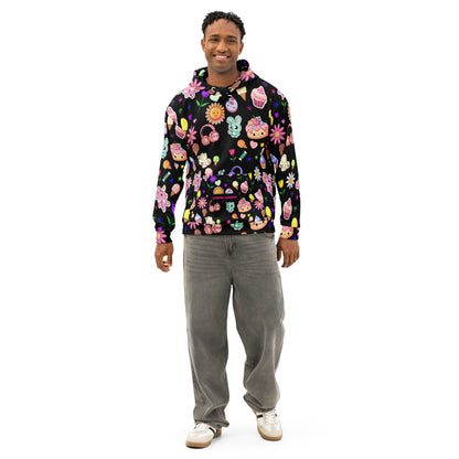 Unisex cotton hoodie with all-over print featuring Fluff & Frosting design, white front view from Eccentric Chemistry's Tiny Shop.
