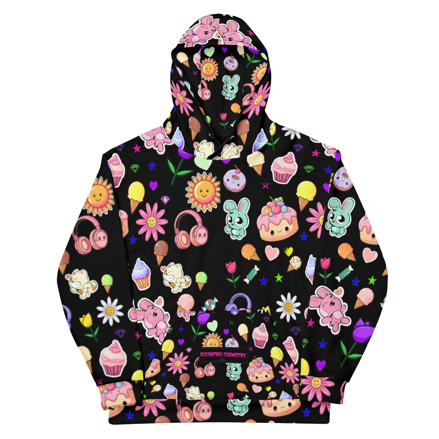 All-over-print white unisex cotton hoodie featuring Fluff & Frosting Field design by Eccentric Chemistry's Tiny Shop of T-Shirt Horrors.