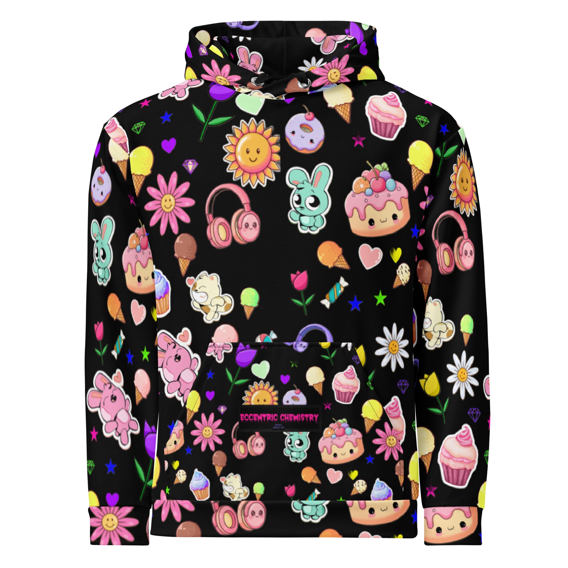 Unisex cotton hoodie with all-over print featuring Fluff & Frosting Field design, white color, from Eccentric Chemistry's Tiny Shop of T-Shirt Horrors