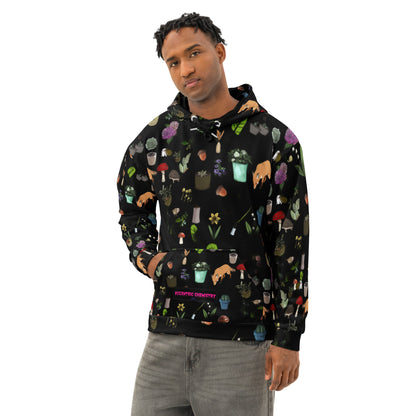 Unisex cotton hoodie with botanical twilight print, white background, front view showcasing all-over nature-inspired design.