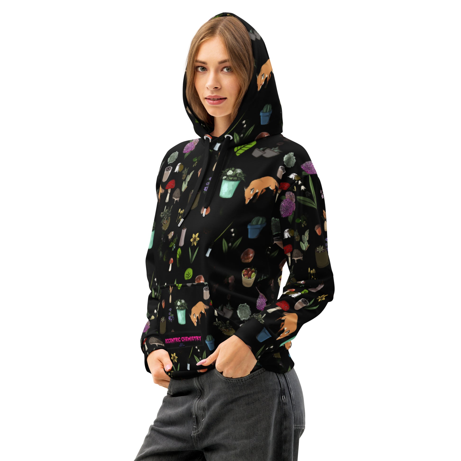 Unisex cotton hoodie with all-over botanical twilight print in white, featuring a front view of the Eccentric Chemistry Wander Hoodie.