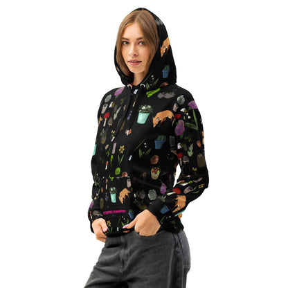 Unisex cotton hoodie with all-over botanical twilight print in white, featuring a front view of the Eccentric Chemistry Wander Hoodie.