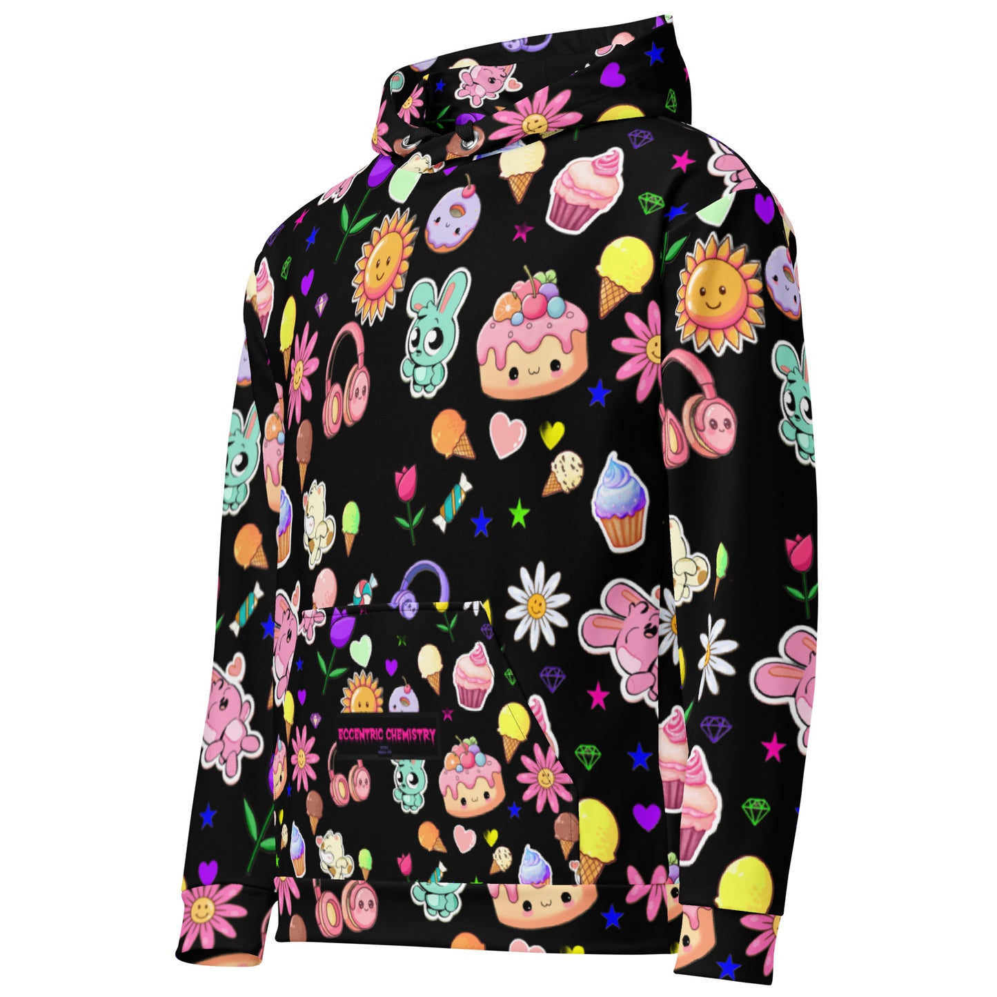 Unisex cotton hoodie with all-over print featuring Fluff & Frosting Field design, white color, front view from Eccentric Chemistry.