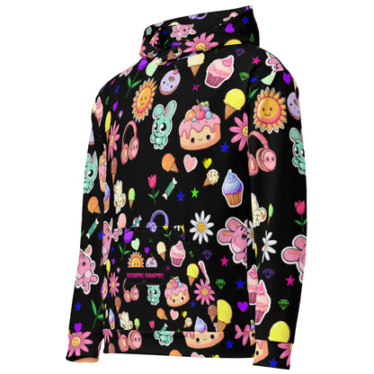 Unisex cotton hoodie with all-over print featuring Fluff & Frosting Field design, white color, front view from Eccentric Chemistry.