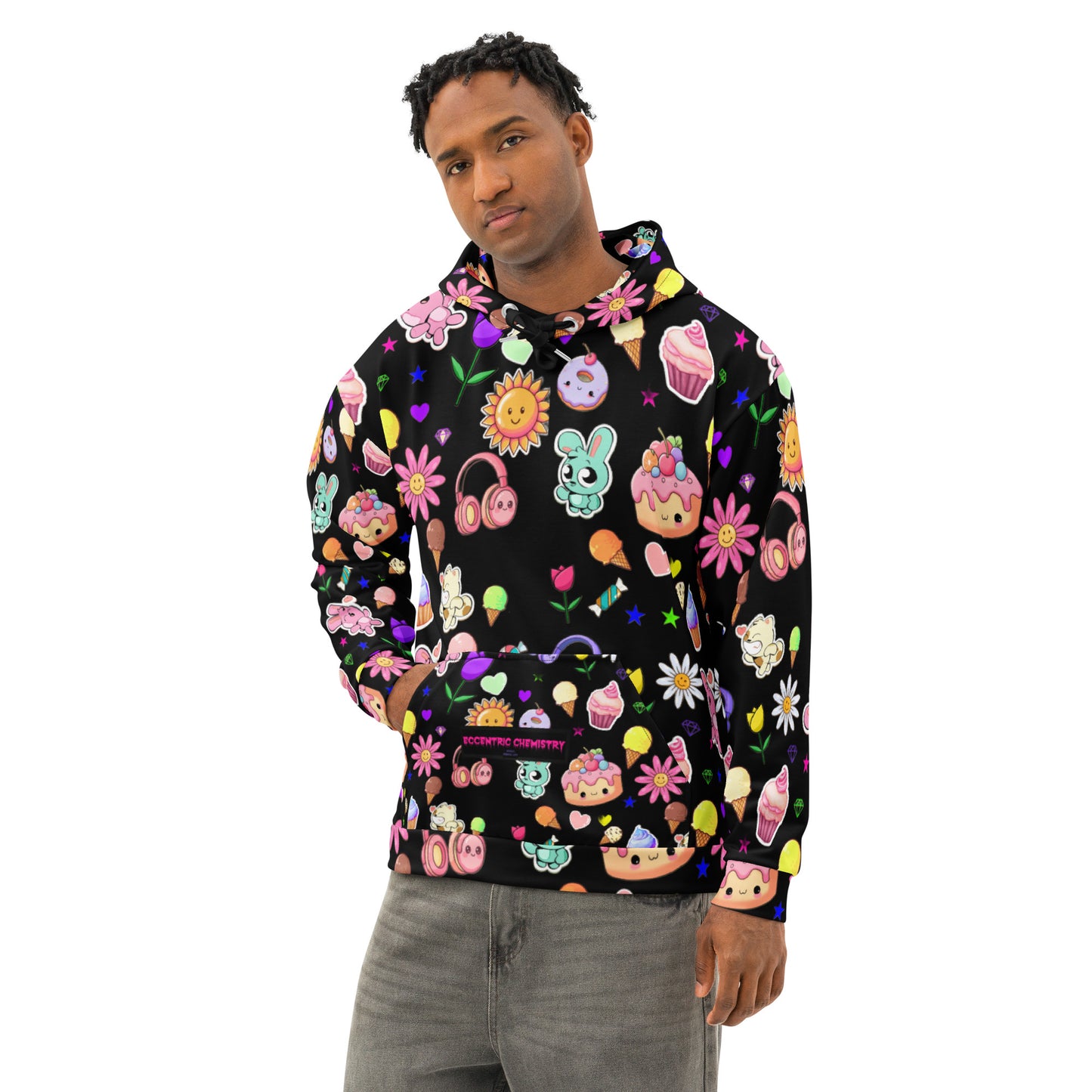 All-over white unisex cotton hoodie with Fluff & Frosting Field design by Eccentric Chemistry's Tiny Shop of T-Shirt Horrors, front view