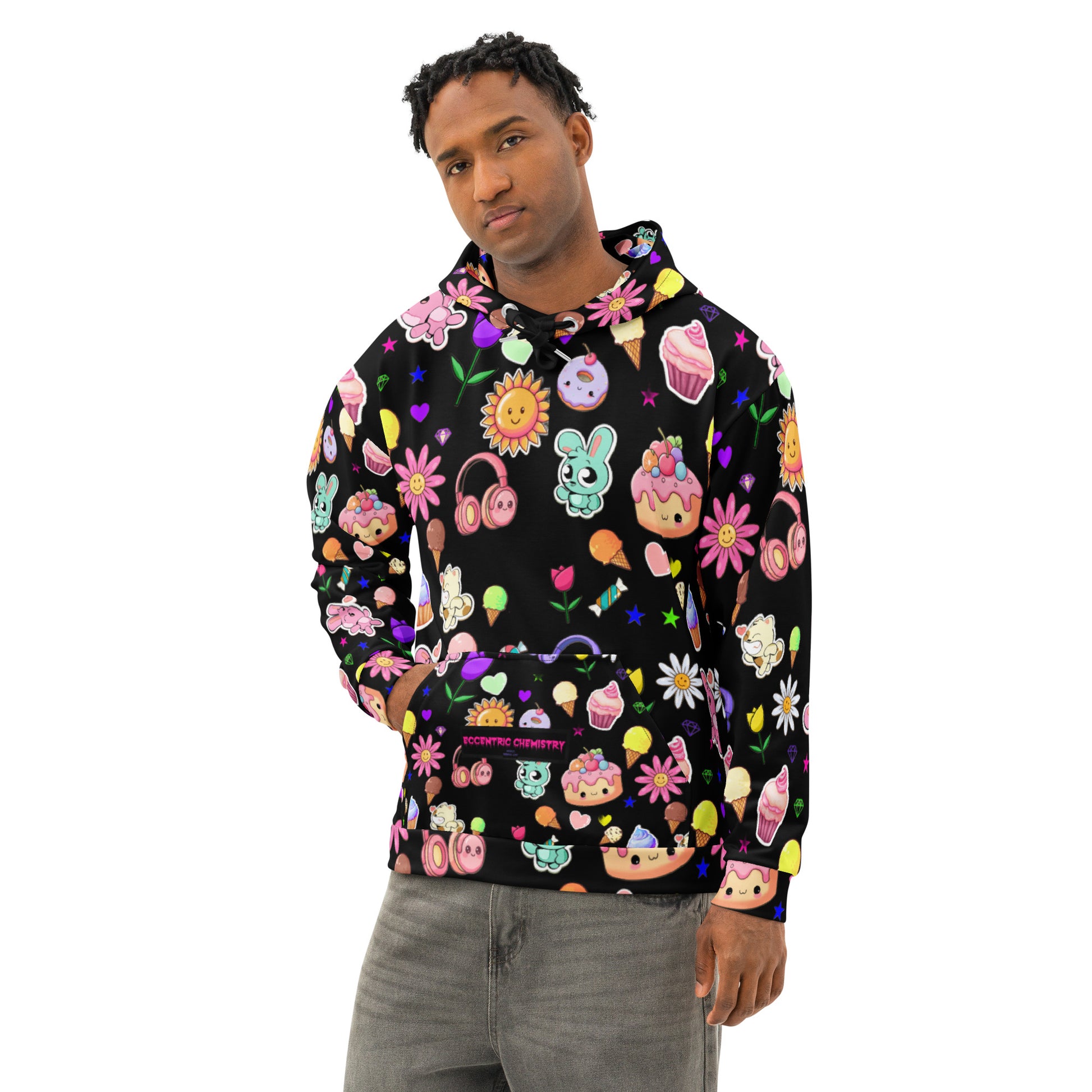 All-over white unisex cotton hoodie with Fluff & Frosting Field design by Eccentric Chemistry's Tiny Shop of T-Shirt Horrors, front view