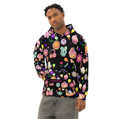 All-over white unisex cotton hoodie with Fluff & Frosting Field design by Eccentric Chemistry's Tiny Shop of T-Shirt Horrors, front view