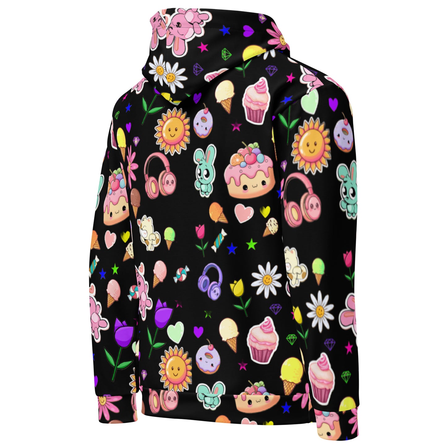 Unisex cotton hoodie with all-over print featuring Fluff & Frosting design, white background, right back view, Eccentric Chemistry Tiny Shop