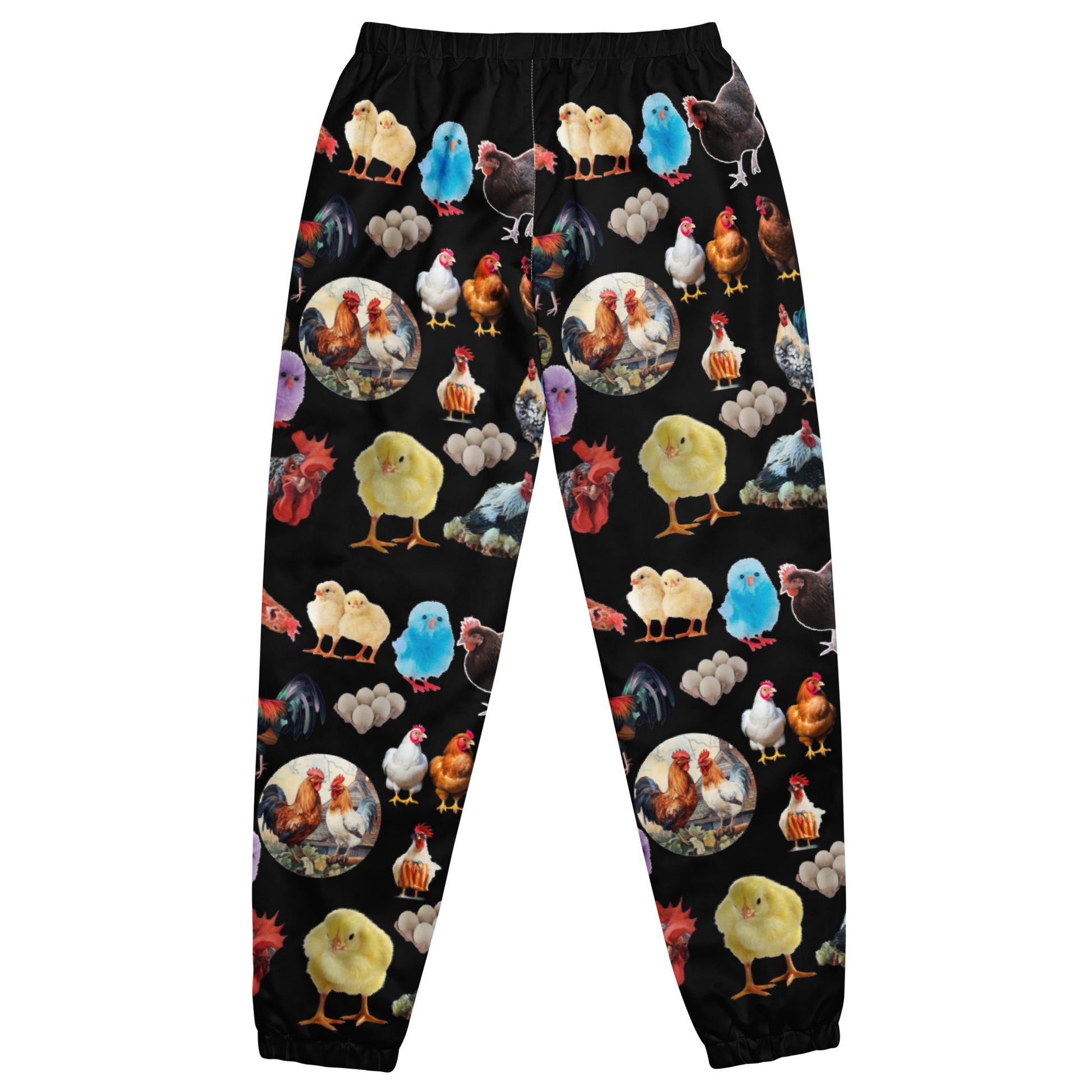 Unisex Shadow Hen Strut Experiment track pants by Eccentric Chemistry with all-over white print, casual cut-sew style.