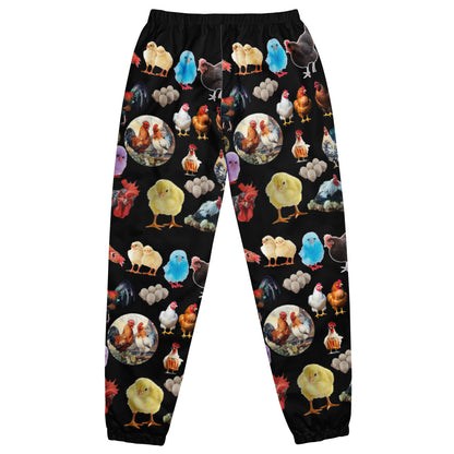 Unisex Shadow Hen Strut Experiment track pants by Eccentric Chemistry with all-over white print, casual cut-sew style.