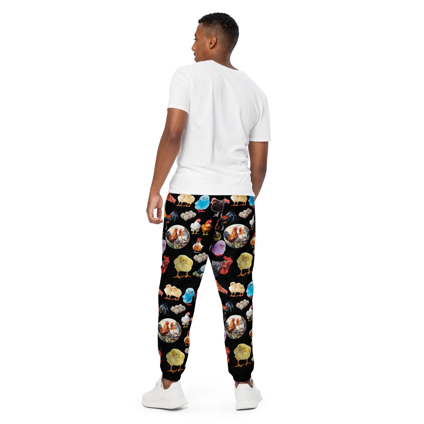 Unisex shadow hen print track pants by Eccentric Chemistry, featuring all-over white and black design, casual cut-sew style.