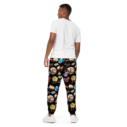 Unisex shadow hen print track pants by Eccentric Chemistry, featuring all-over white and black design, casual cut-sew style.