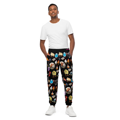 Unisex Shadow Hen Strut Experiment track pants by Eccentric Chemistry with all-over white print and comfortable cut-sew design.