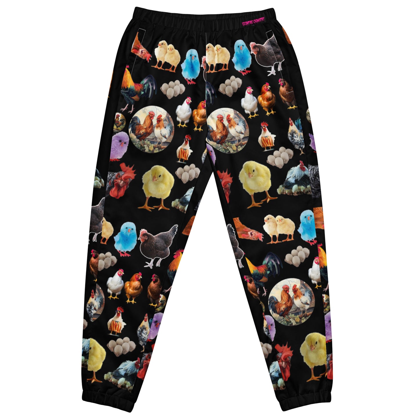 Unisex white track pants with all-over shadow hen strut print, made by Eccentric Chemistry's Laboratory of Strange & Stylish Things.