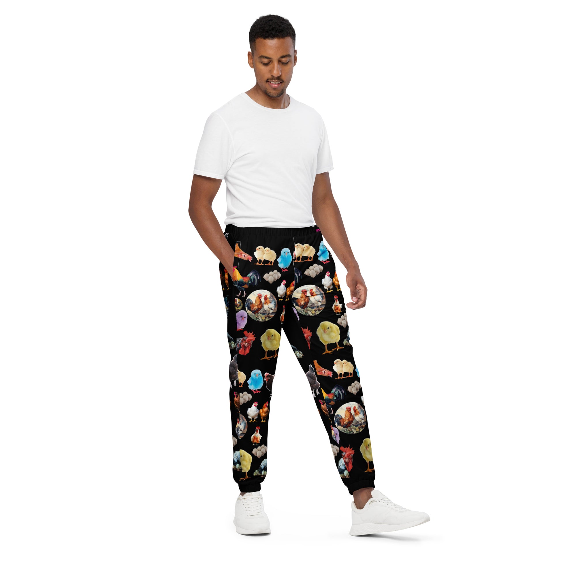 Unisex Shadow Hen Strut Experiment track pants by Eccentric Chemistry, all-over white print, casual cut-sew style, front view