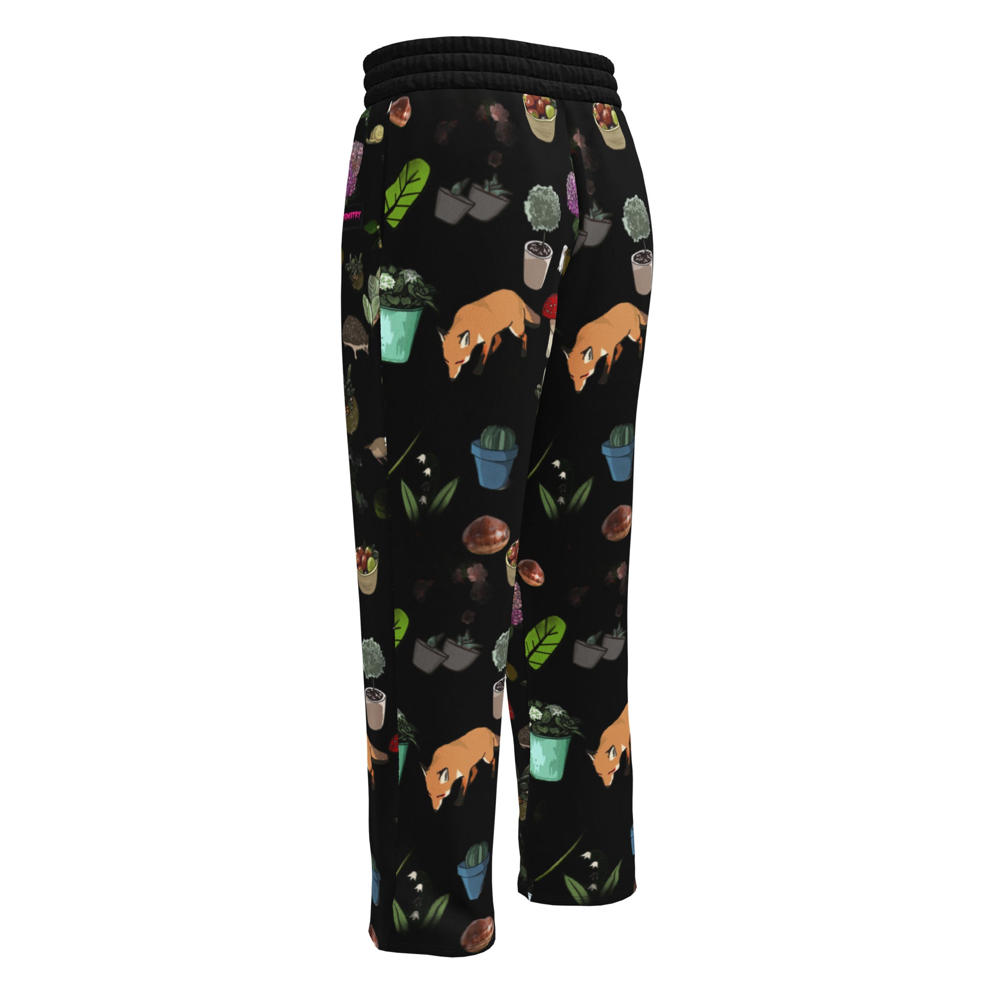 Unisex white wide-leg joggers with all-over Earth-Kind Habitat print, made by Eccentric Chemistry's Tiny Shop of T-Shirt Horrors.