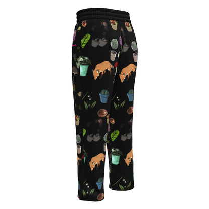Unisex white wide-leg joggers with all-over Earth-Kind Habitat print, made by Eccentric Chemistry's Tiny Shop of T-Shirt Horrors.