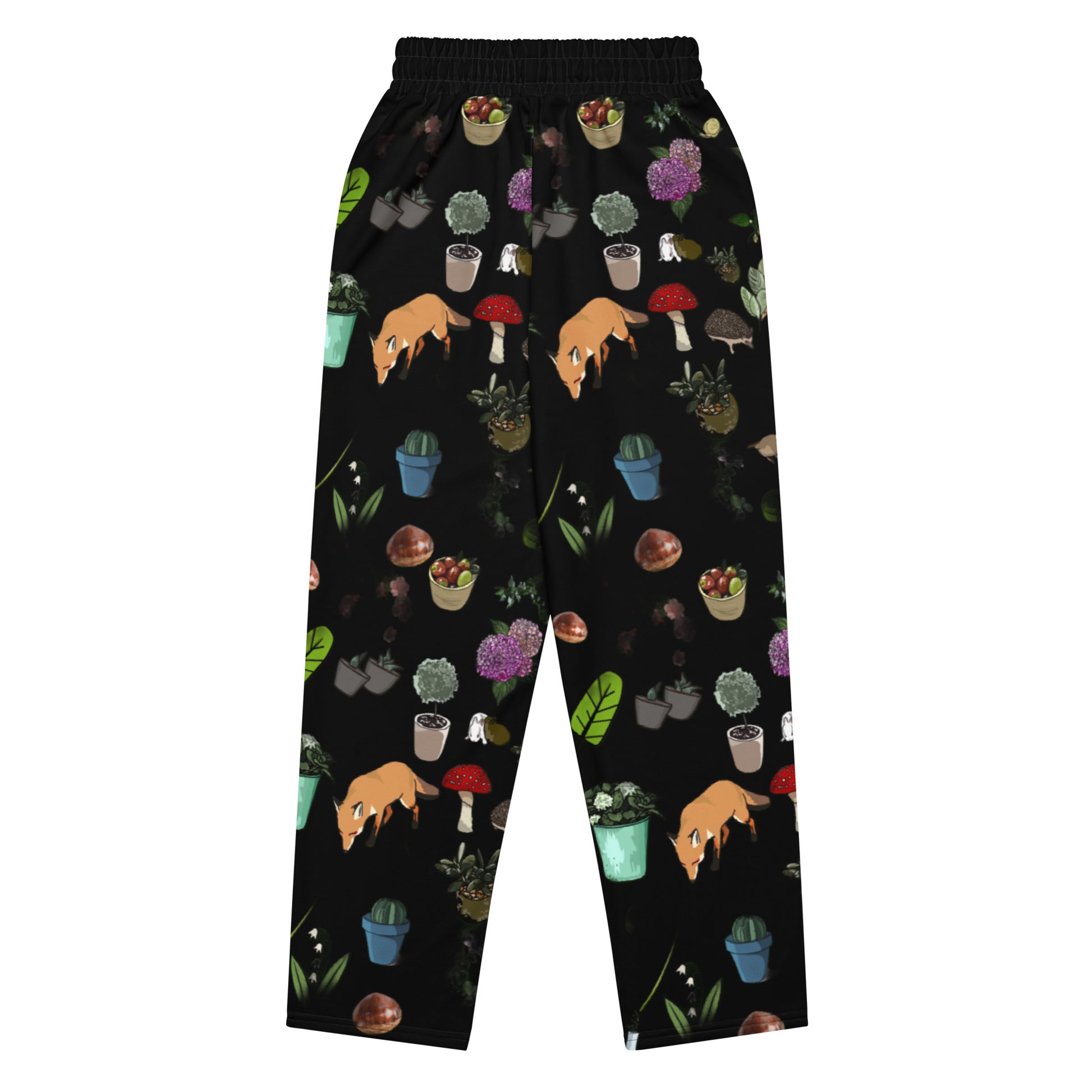 Unisex white wide-leg joggers with all-over Earth-Kind Habitat print from Eccentric Chemistry's Tiny Shop of T-Shirt Horrors.