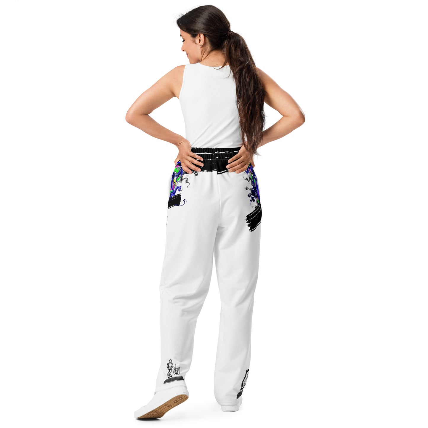 Unisex wide-leg joggers with creative energy diffusion all-over print in white, featuring a relaxed fit and comfortable style.