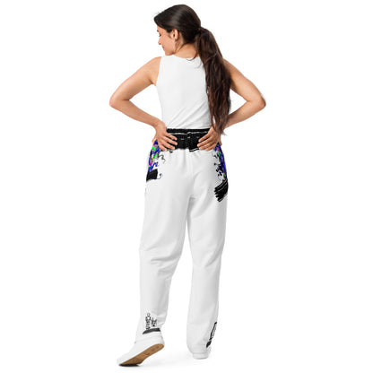Unisex wide-leg joggers with creative energy diffusion all-over print in white, featuring a relaxed fit and comfortable style.