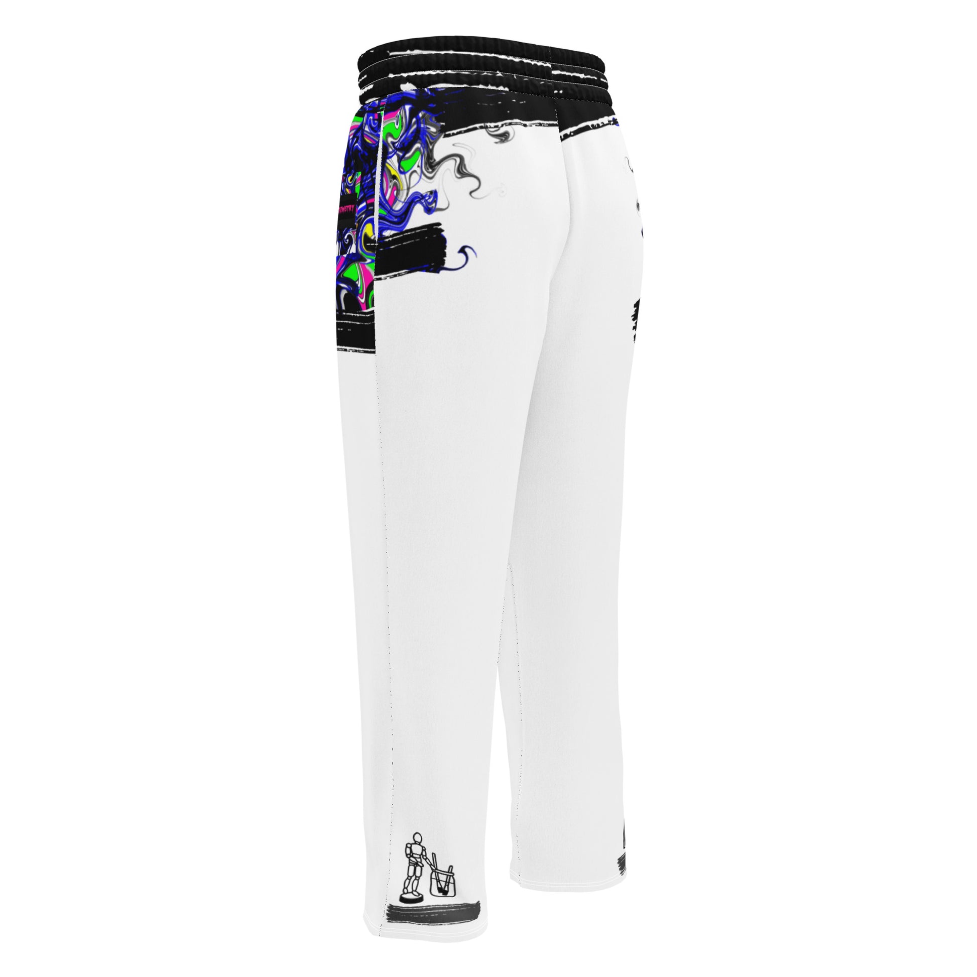 Unisex white wide-leg joggers with creative energy diffusion all-over print, relaxed fit, and comfortable style.