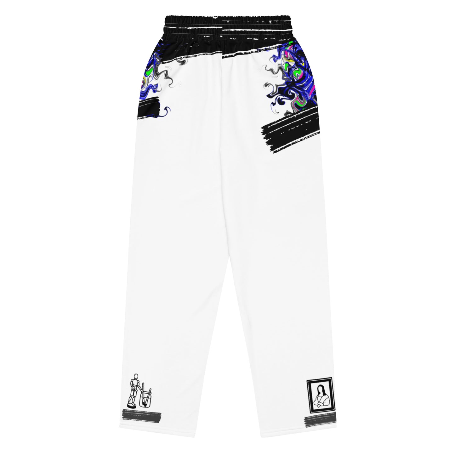 Unisex wide-leg joggers with colorful all-over print featuring creative energy diffusion patterns on white fabric.