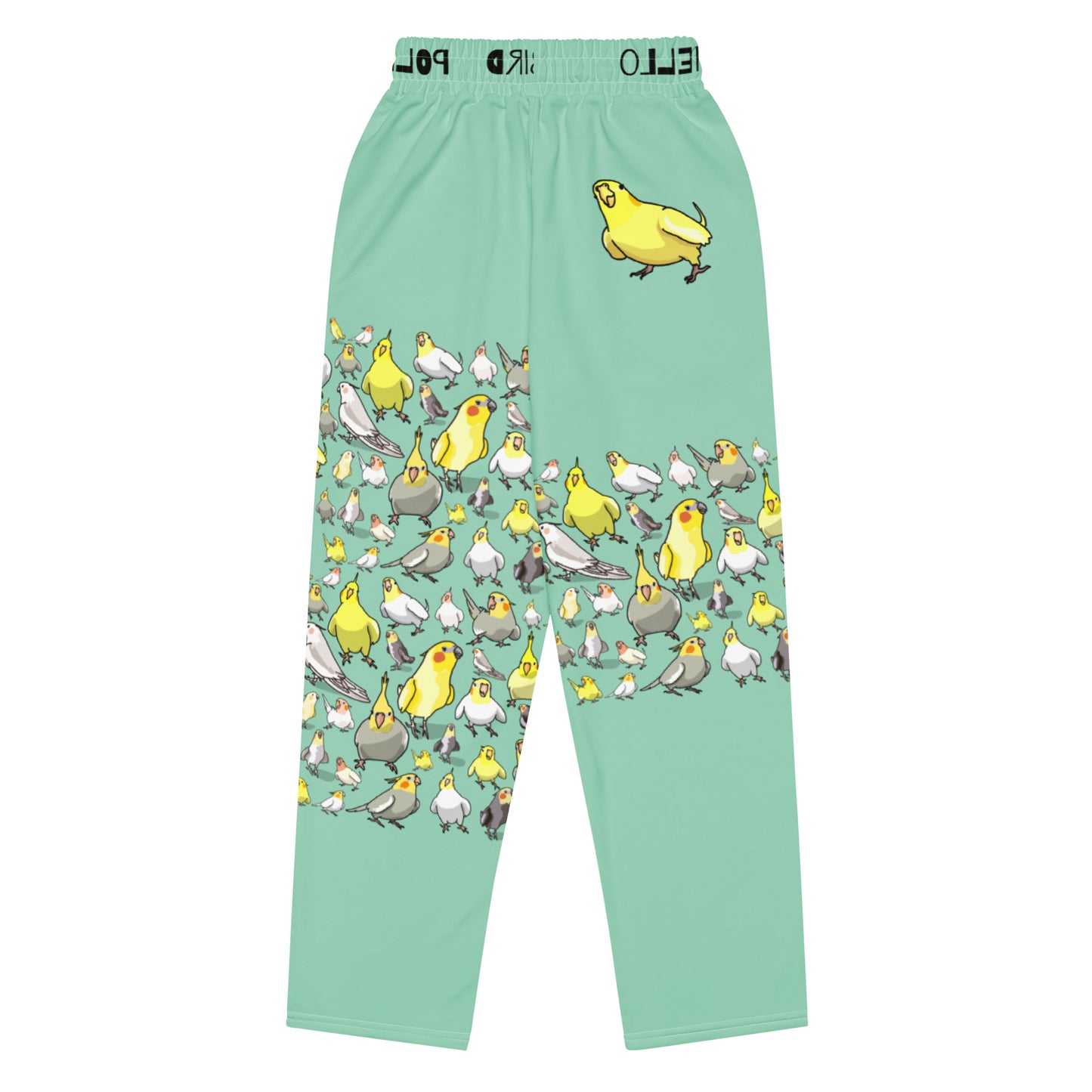 Unisex wide-leg joggers with all-over cockatiel garden print in white, featuring comfortable cut-sew style from Eccentric Chemistry.