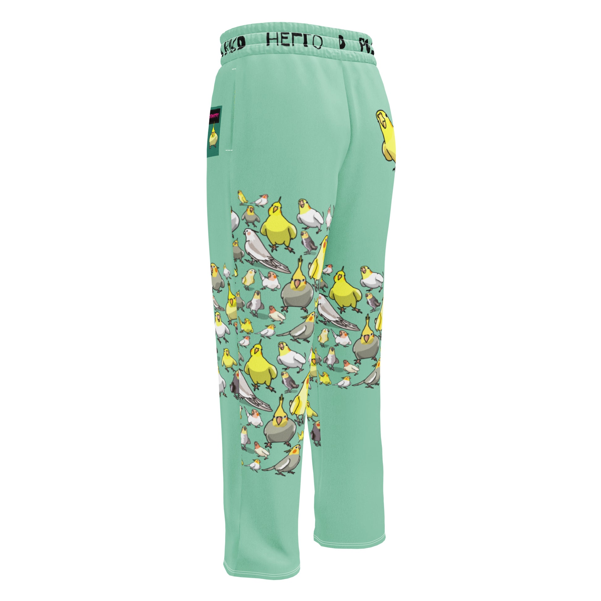 Unisex wide-leg joggers with Cockatiel Garden Breeze print, white background, casual cut-sew style by Eccentric Chemistry.