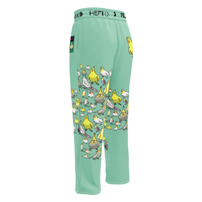 Unisex wide-leg joggers with Cockatiel Garden Breeze print, white background, casual cut-sew style by Eccentric Chemistry.