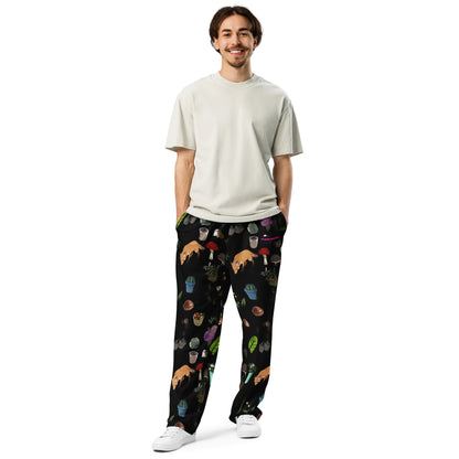 Unisex white wide-leg joggers with Earth-Kind Habitat print from Eccentric Chemistry's Tiny Shop of T-Shirt Horrors, front view.