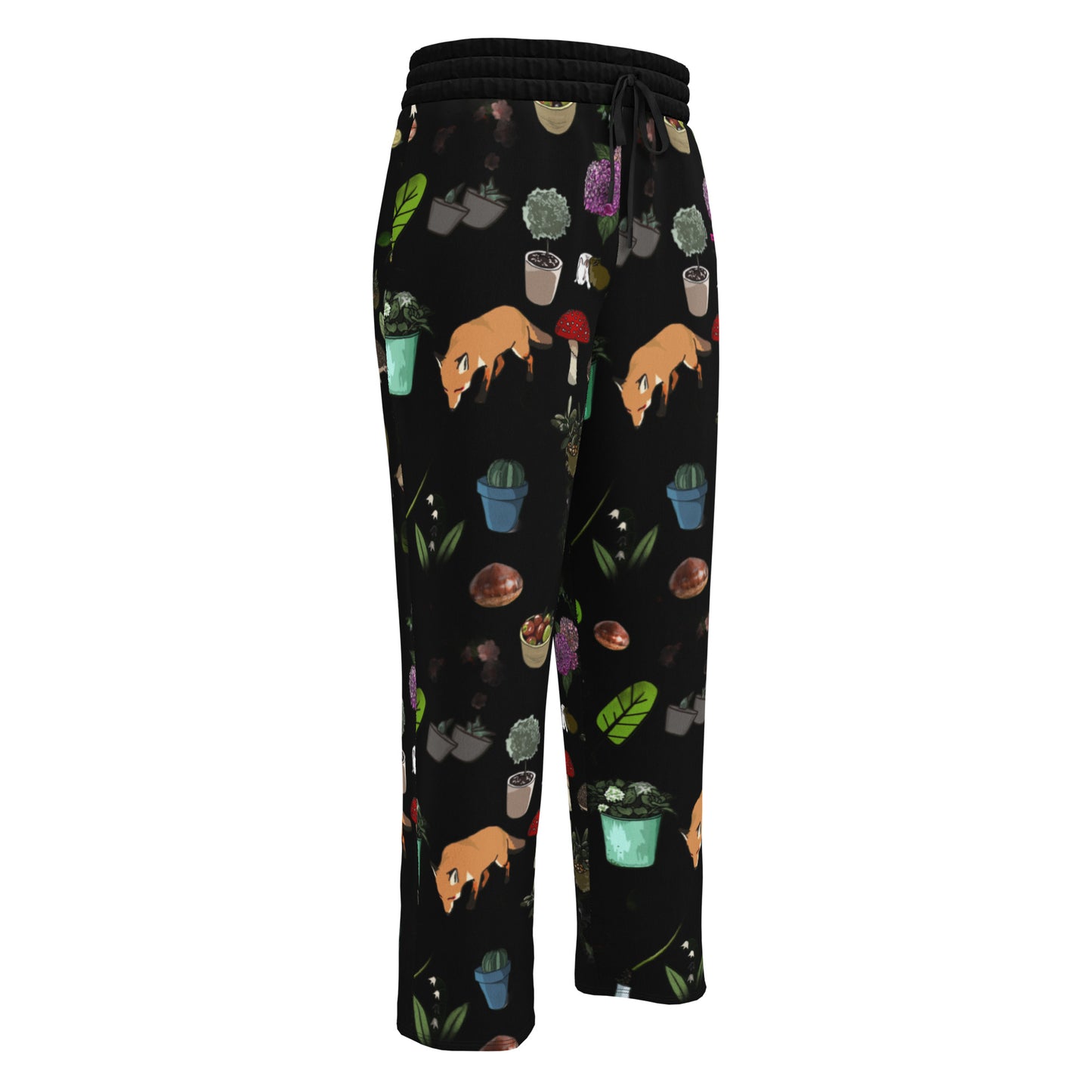 Unisex white wide-leg joggers with all-over Earth‑Kind Habitat print from Eccentric Chemistry's Tiny Shop of T-Shirt Horrors.
