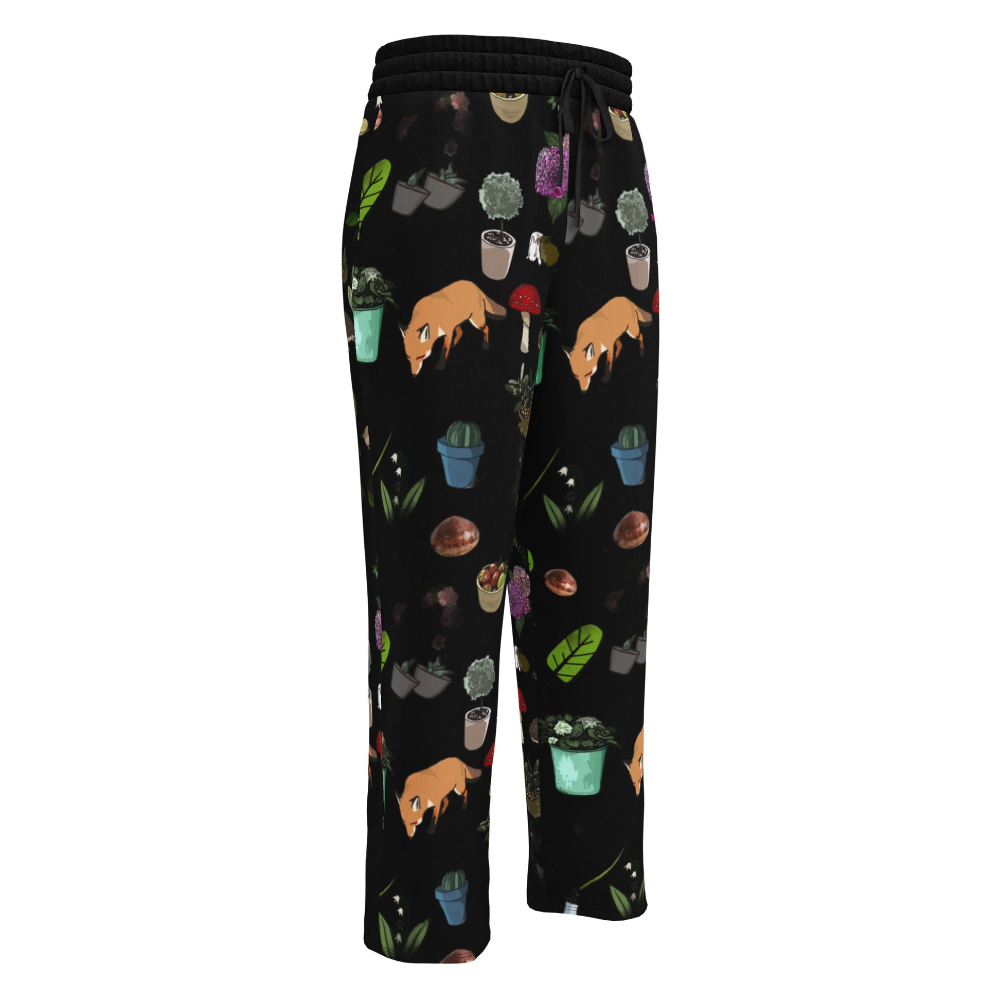 Unisex white wide-leg joggers with all-over Earth‑Kind Habitat print from Eccentric Chemistry's Tiny Shop of T-Shirt Horrors.