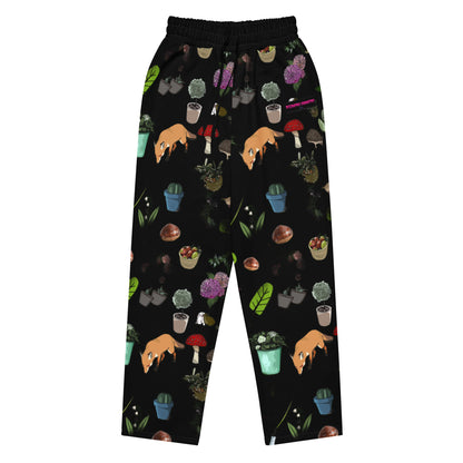 Unisex white wide-leg joggers with all-over Earth‑Kind Habitat print from Eccentric Chemistry's Tiny Shop of T-Shirt Horrors.