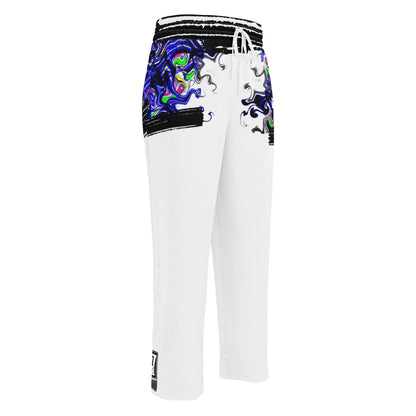 Unisex white wide-leg joggers with colorful all-over creative energy diffusion print from Eccentric Chemistry's Tiny Shop.