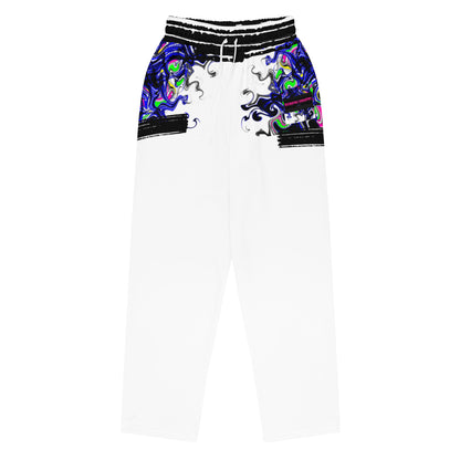 Unisex wide-leg joggers with all-over creative energy diffusion print in white, made by Eccentric Chemistry's Tiny Shop of T-Shirt Horrors.
