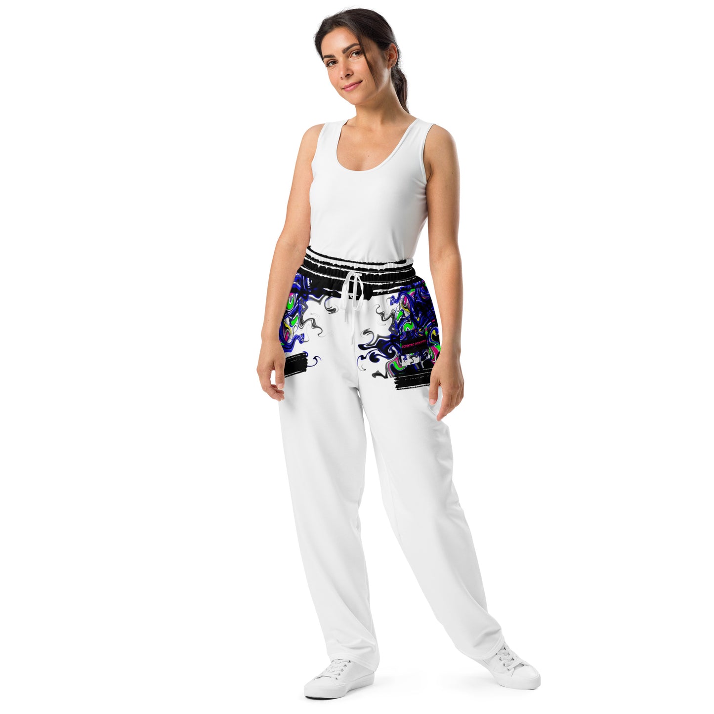 Unisex wide-leg joggers with creative energy diffusion print in white, showcasing comfortable, relaxed-fit design.